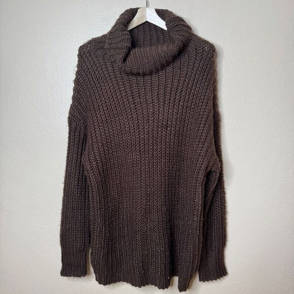 Naked Wardrobe Sweater Women's Large Brown Turtleneck Chunky Knit Oversized New - Picture 1 of 12
